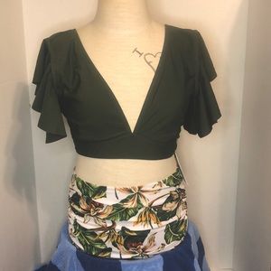 Sporlike High Waist Tropical Print Bottoms Green Ruffled top Two Piece Bikini